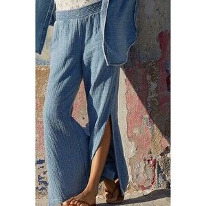 Aerie High Waist Blue Gauze Wide Split Leg Pants Smocked Elastic Waist Small S
